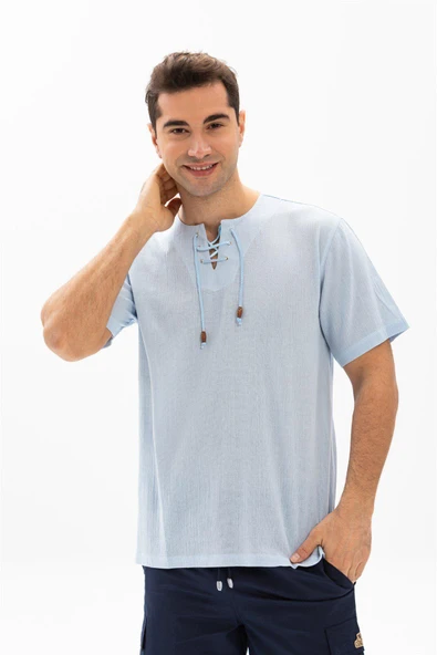 Büyük Beden Kısa Kol Şile Bezi Zımbalı Erkek Yazlık Tshirt Buz Mavi 3027 ürün görseli 1