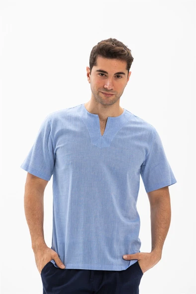 Büyük Beden Kısa Kol Şile Bezi Bisiklet Yaka Erkek Yazlık Tshirt Mavi 3032 ürün görseli 1