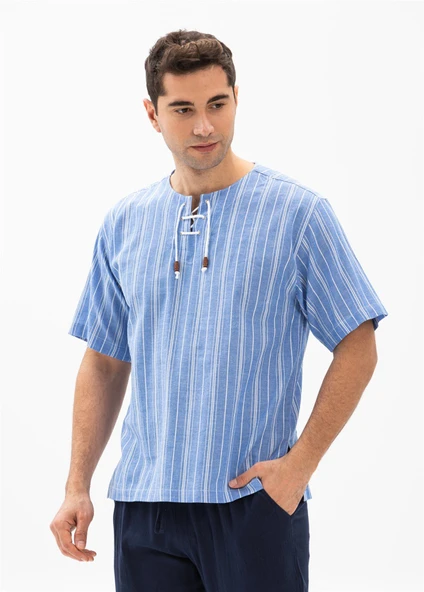Büyük Beden Kısa Kol Şile Bezi Zımbalı Erkek Yazlık Tshirt Mavi Beyaz Çizgili 3019 ürün görseli 1