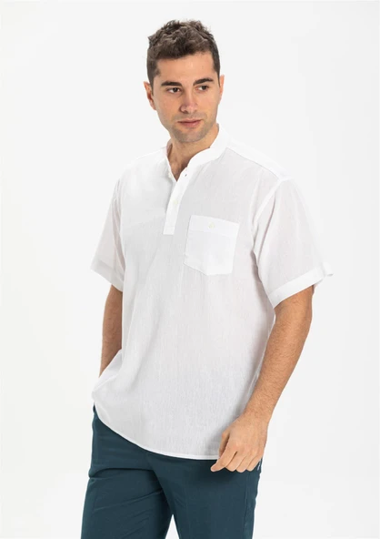 Büyük Beden Şile Bezi Kısa Kol Tek Cepli Hakim Yaka Erkek Yazlık Tshirt Beyaz 3001 ürün görseli 1