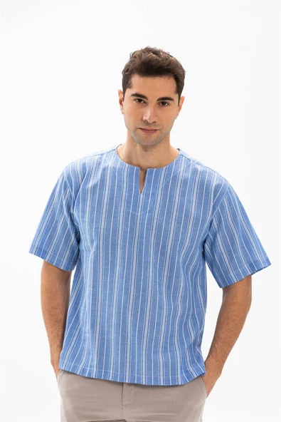 Büyük Beden Kısa Kol Şile Bezi Bisiklet Yaka Erkek Yazlık Tshirt Mavi Beyaz Çizgili 3019 ürün görseli 1
