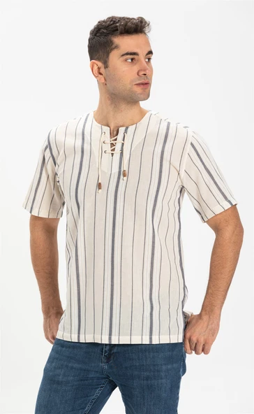 Büyük Beden Kısa Kol Şile Bezi Zımbalı Erkek Yazlık Tshirt Ekru Gri Çizgili 3028 ürün görseli 1