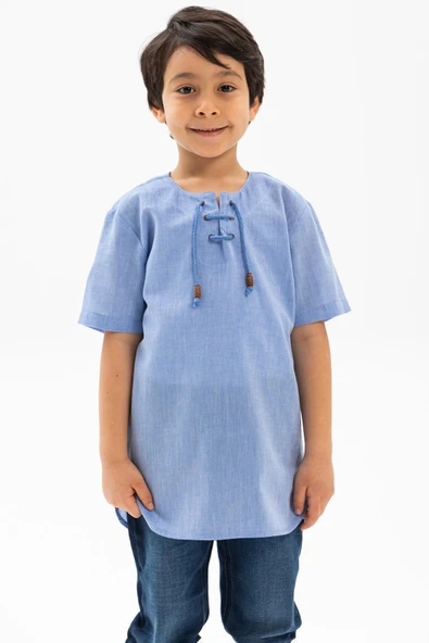 Kısa Kol Şile Bezi Zımbalı Yazlık Erkek Çocuk Tshirt Mavi 3032 ürün görseli 1
