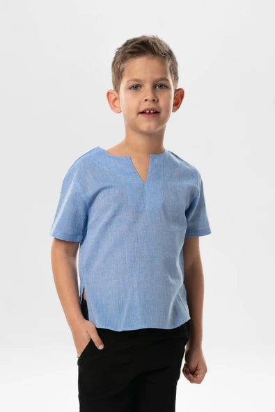 Kısa Kol Şile Bezi Bisiklet Yaka Yazlık Erkek Çocuk Tshirt Mavi 3032 ürün görseli 1