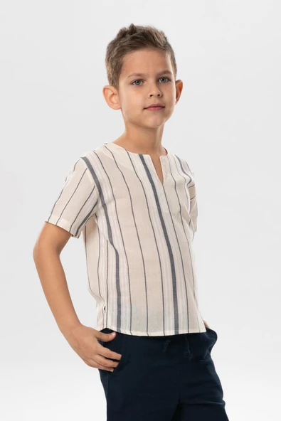 Kısa Kol Şile Bezi Bisiklet Yaka Yazlık Erkek Çocuk Tshirt Ekru Gri Çizgili 3028 ürün görseli 1