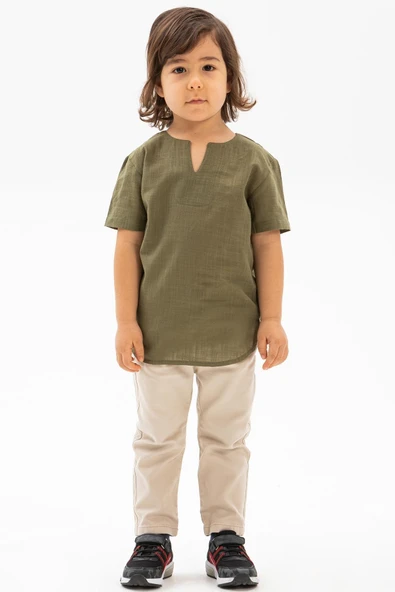 Kısa Kol Şile Bezi Bisiklet Yaka Yazlık Erkek Çocuk Tshirt Haki 3049 ürün görseli 1
