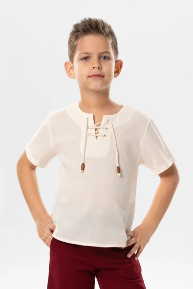 Kısa Kol Şile Bezi Zımbalı Yazlık Erkek Çocuk Tshirt Krem 3002 ürün görseli 1