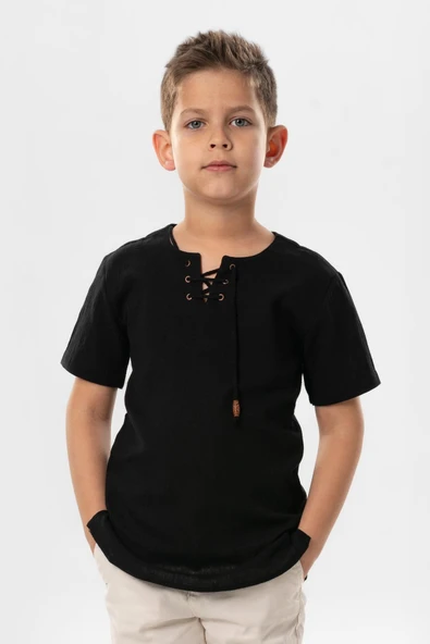 Kısa Kol Şile Bezi Zımbalı Yazlık Erkek Çocuk Tshirt Siyah 3003 ürün görseli 1