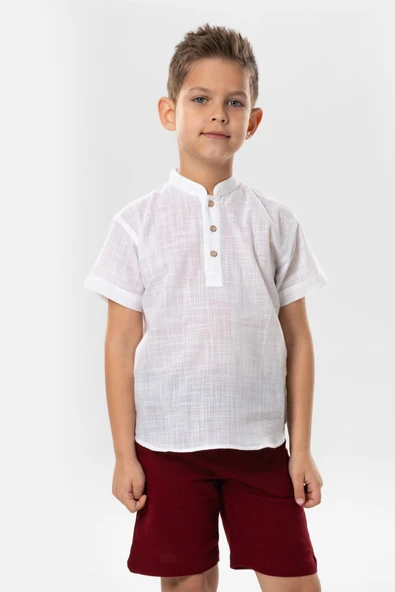 Kısa Kol Şantuklu Pamuk Bodrum Yazlık Erkek Çocuk Tshirt Beyaz 3001 ürün görseli 1