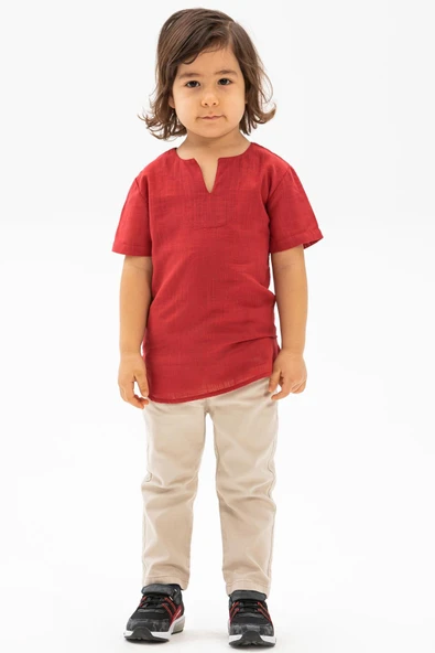 Kısa Kol Şile Bezi Bisiklet Yaka Yazlık Erkek Çocuk Tshirt Kırmızı 3051 ürün görseli 1