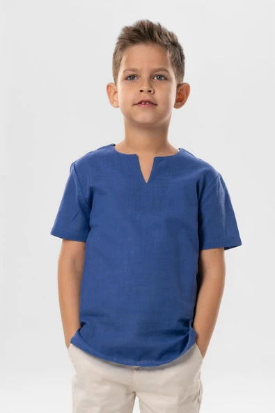 Kısa Kol Şile Bezi Bisiklet Yaka Yazlık Erkek Çocuk Tshirt Saks 3050 ürün görseli 1