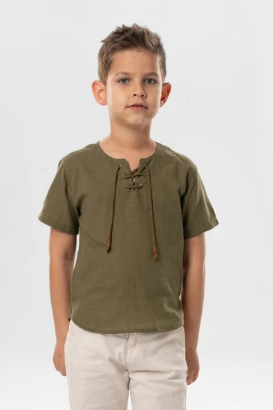 Kısa Kol Şile Bezi Zımbalı Yazlık Erkek Çocuk Tshirt Haki 3049 ürün görseli 1
