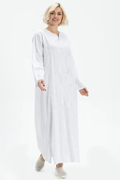 Uzun Kol Şile Bezi Simli Kaftan Midi Boy Yazlık Elbise Beyaz Byz ürün görseli 1