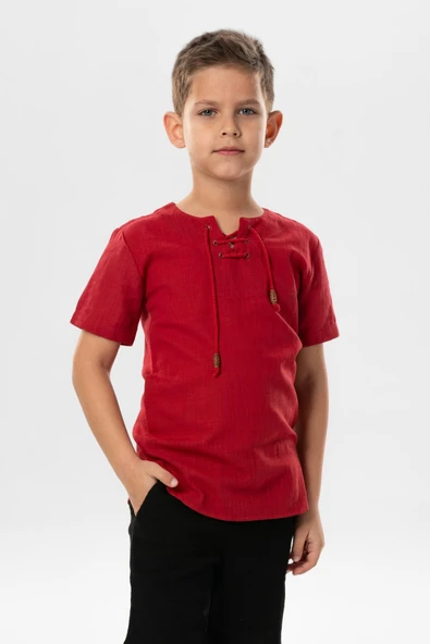 Kısa Kol Şile Bezi Zımbalı Yazlık Erkek Çocuk Tshirt Kırmızı 3051 ürün görseli 1