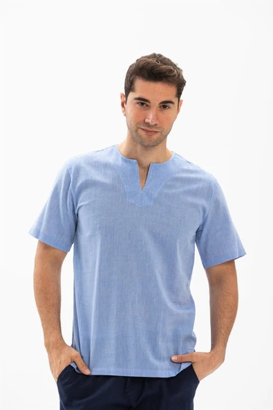 Kısa Kol Şile Bezi Bisiklet Yaka Erkek Yazlık Tshirt Mavi 3032 ürün görseli 1