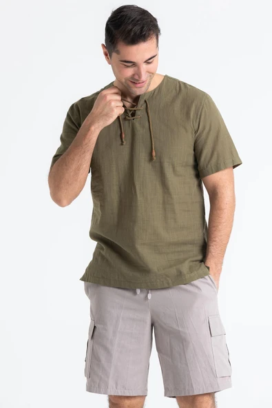 Kısa Kol Şile Bezi Zımbalı Erkek Yazlık Tshirt Haki 3049 ürün görseli 1