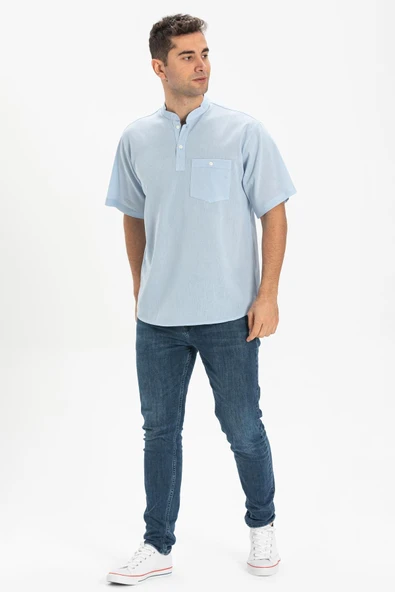 Kısa Kol Şile Bezi Tek Cepli Hakim Yaka Erkek Yazlık Tshirt Buz Mavi 3027 ürün görseli 1