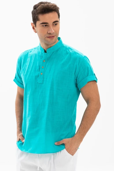 Kısa Kol Şantuklu Pamuk Bodrum Erkek Yazlık Tshirt Turkuaz 3054 ürün görseli 1