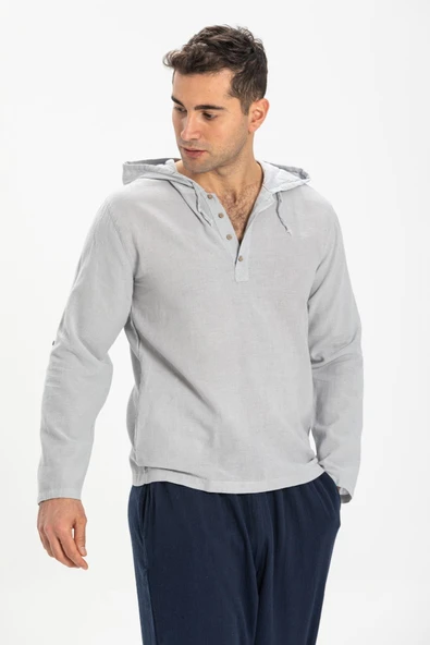 Şile Bezi Kapüşonlu Erkek Yazlık Sweatshirt Gri Gri ürün görseli 1