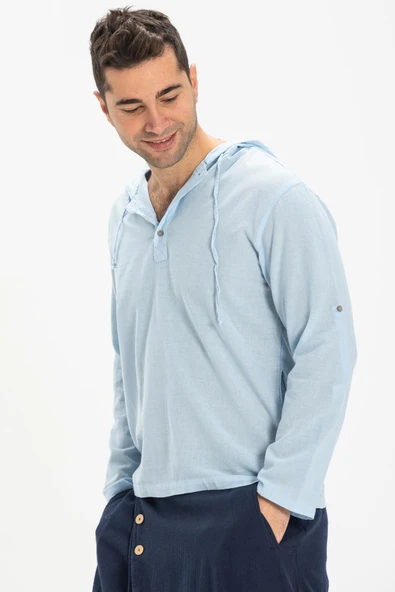 Şile Bezi Kapüşonlu Erkek Yazlık Sweatshirt Buz Mavi Bmv ürün görseli 1