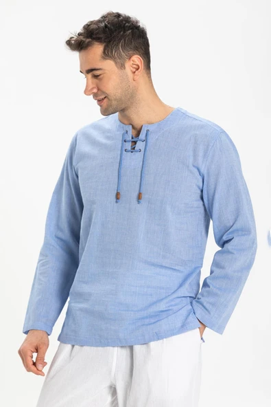 Uzun Kol Şile Bezi Zımbalı Erkek Yazlık Tshirt Mavi 3032 ürün görseli 1