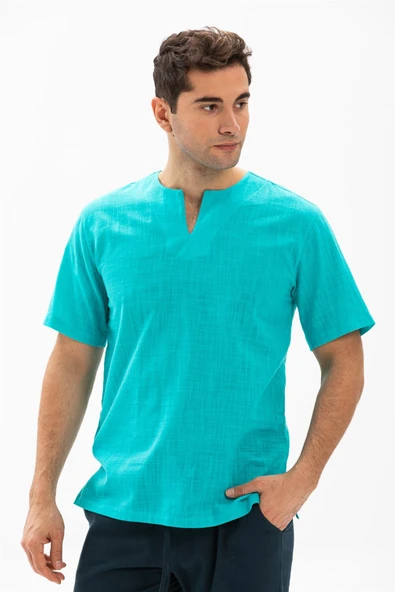 Kısa Kol Şile Bezi Bisiklet Yaka Erkek Yazlık Tshirt Turkuaz 3054 ürün görseli 1