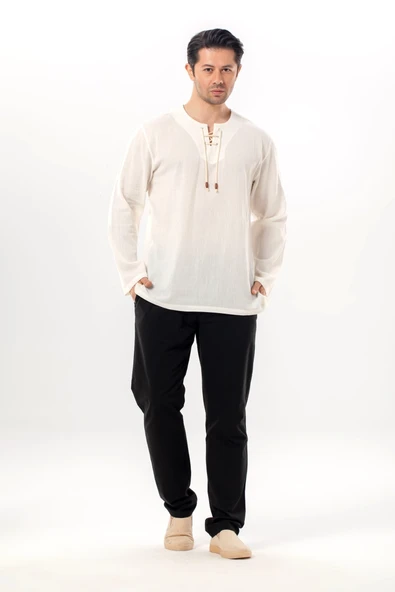 Uzun Kol Şile Bezi Zımbalı Erkek Yazlık Tshirt Krem 3002 ürün görseli 1