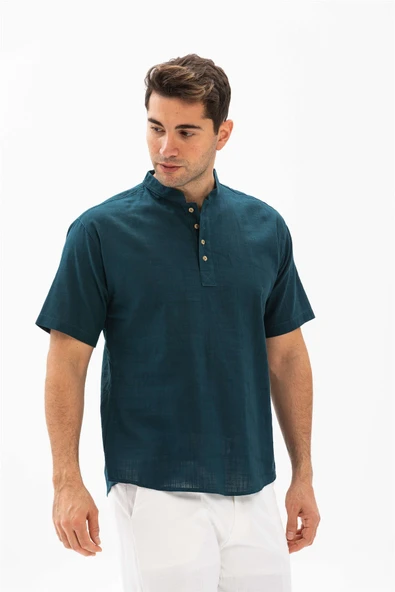 Kısa Kol Şantuklu Pamuk Bodrum Erkek Yazlık Tshirt Koyu Petrol 3069 ürün görseli 1