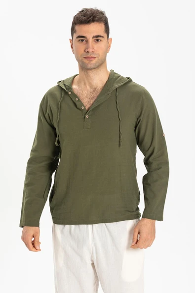 Şile Bezi Kapüşonlu Erkek Yazlık Sweatshirt Haki Hk ürün görseli 1
