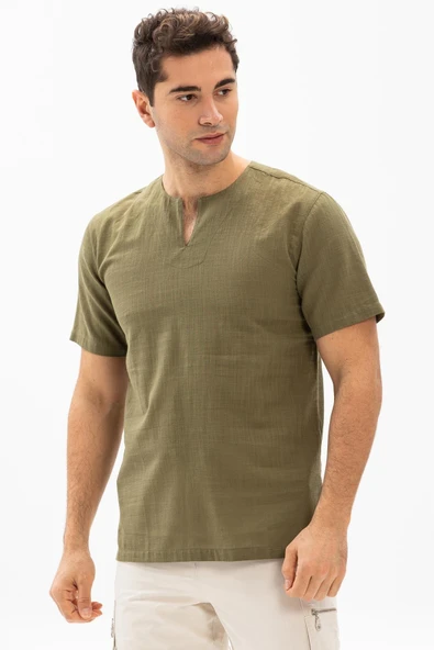 Kısa Kol Şile Bezi Bisiklet Yaka Erkek Yazlık Tshirt Haki 3049 ürün görseli 1
