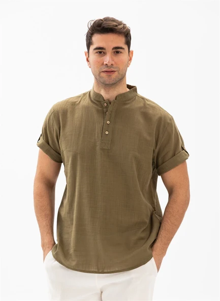 Kısa Kol Şantuklu Pamuk Bodrum Erkek Yazlık Tshirt Haki 3049 ürün görseli 1
