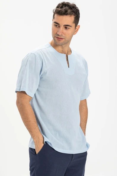 Kısa Kol Şile Bezi Bisiklet Yaka Erkek Yazlık Tshirt Buz Mavi 3027 ürün görseli 1