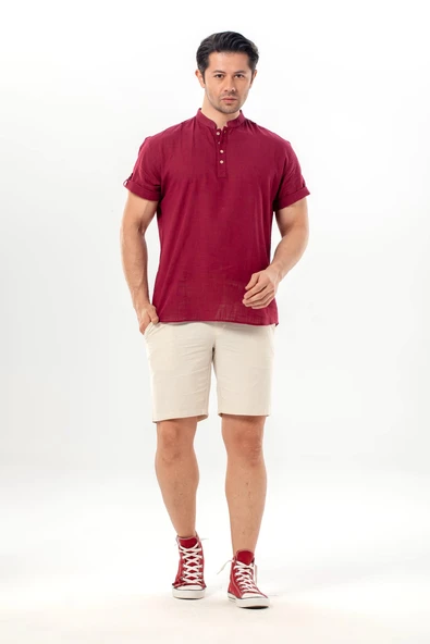 Kısa Kol Şantuklu Pamuk Bodrum Erkek Yazlık Tshirt Koyu Bordo 3068 ürün görseli 1