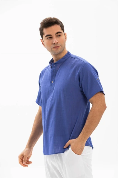 Kısa Kol Şantuklu Pamuk Bodrum Erkek Yazlık Tshirt Saks 3050 ürün görseli 1