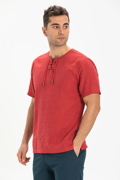 Kısa Kol Şile Bezi Zımbalı Erkek Yazlık Tshirt Kırmızı 3051 ürün görseli 1