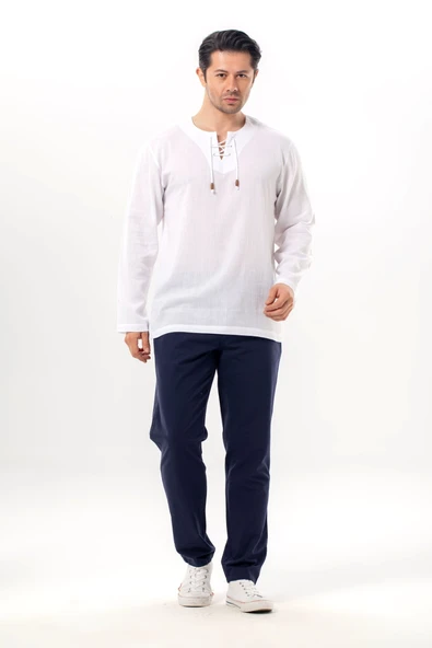 Uzun Kol Şile Bezi Zımbalı Erkek Yazlık Tshirt Beyaz 3001 ürün görseli 1