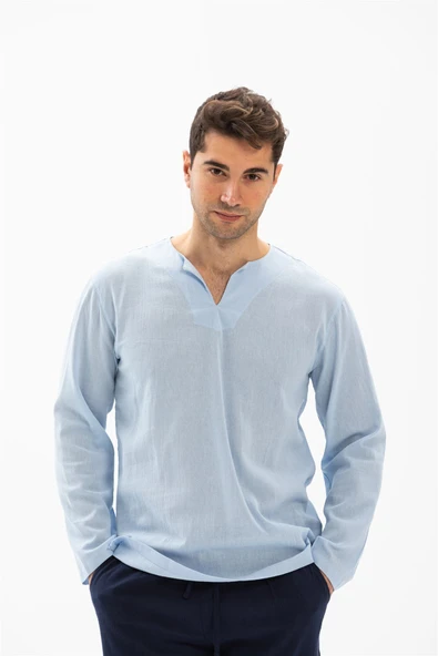 Uzun Kol Şile Bezi Bisiklet Yaka Erkek Yazlık Tshirt Buz Mavi 3027 ürün görseli 1