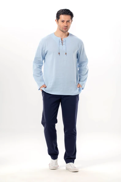 Uzun Kol Şile Bezi Zımbalı Erkek Yazlık Tshirt Buz Mavi 3027 ürün görseli 1