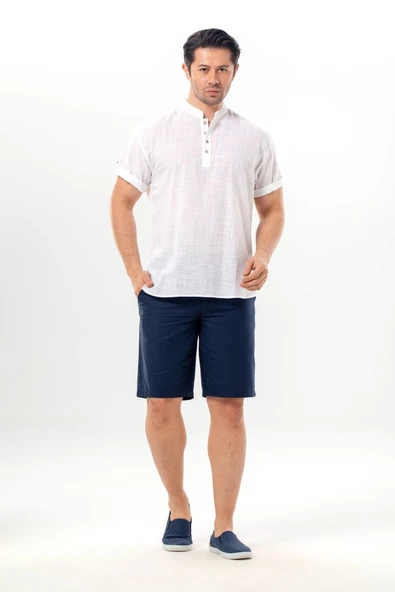 Kısa Kol Şantuklu Pamuk Bodrum Erkek Yazlık Tshirt Beyaz 3001 ürün görseli 1