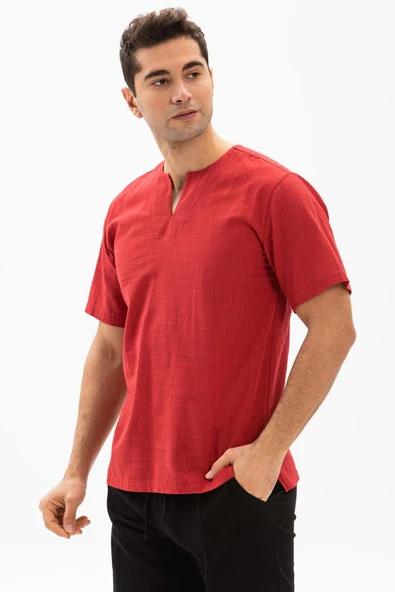 Kısa Kol Şile Bezi Bisiklet Yaka Erkek Yazlık Tshirt Kırmızı 3051 ürün görseli 1