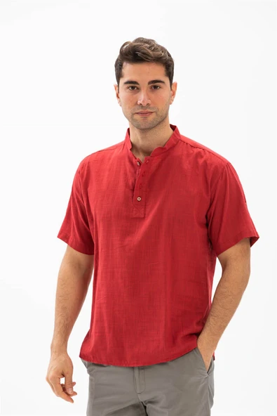 Kısa Kol Şantuklu Pamuk Bodrum Erkek Yazlık Tshirt Kırmızı 3051 ürün görseli 1