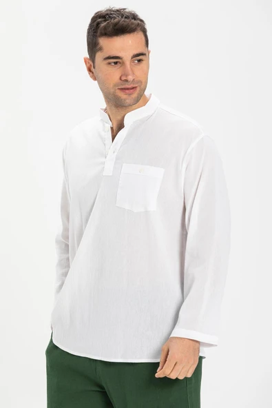 Uzun Kol Şile Bezi Tek Cepli Hakim Yaka Erkek Yazlık Tshirt Beyaz 3001 ürün görseli 1