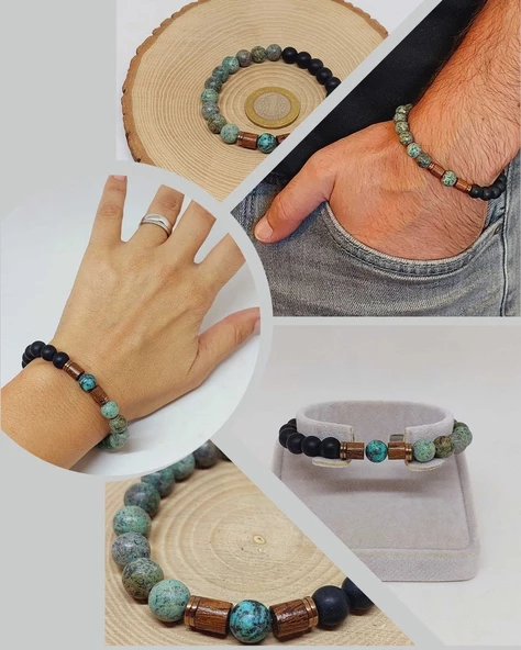 Afrika Turkuaz & Oniks Taşı 8mm Unisex Tasarım Bileklik Hawaii Model (3871) ürün görseli 1