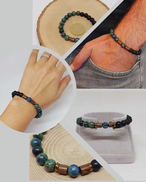 Azurit & Oniks Taşı 8mm Unisex Tasarım Bileklik Hawaii Model (3210) ürün görseli 1