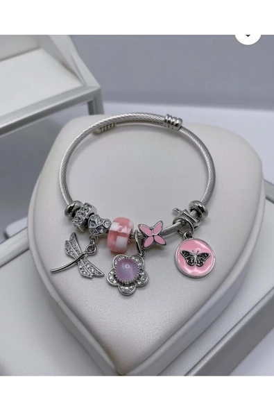 Jadem Gold Pembe kelebek çelik charm bileklik ürün görseli 1
