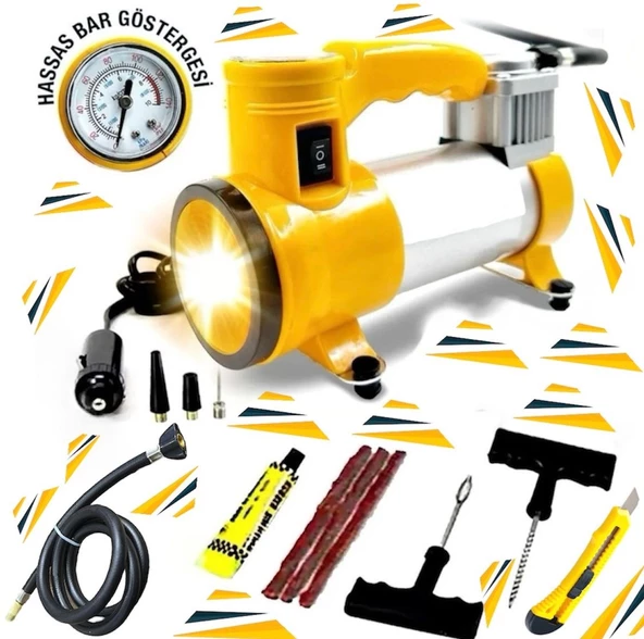 Oto Araç Lastik Şişirme Pompası Metal Gövde Kompresör 140 Psi  aydınlatma ışıklı ürün görseli 1