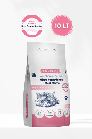 Foodline Bebek Pudrası Kokulu İnce Taneli Bentonit Topaklanan Kedi Kumu 10 Lt ürün görseli 1