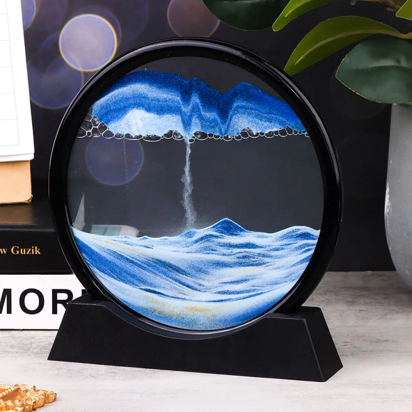 HyMark Hareketli 3D Kum Saati 30cm Büyük Boy Mavi Yuvarlak 12inch Cam Dekoratif Sanatsal Rahatlatıcı ürün görseli 1