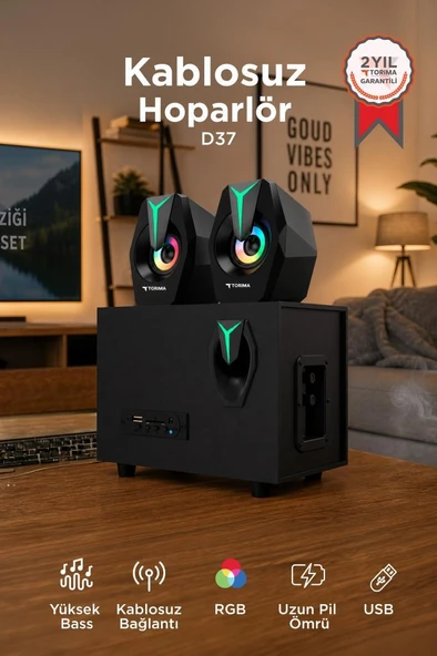 Bilgisayar Hoparlörü Rgb Işıklı 2IN1 Subwoofer Bluetooth Hoparlör Speaker D37 Siyah ürün görseli 1