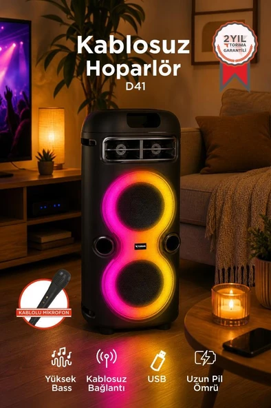 Bluetooth Hoparlör Rgb Işıklı Mikrofonlu Taşınabilir Speaker D41 Siyah ürün görseli 1